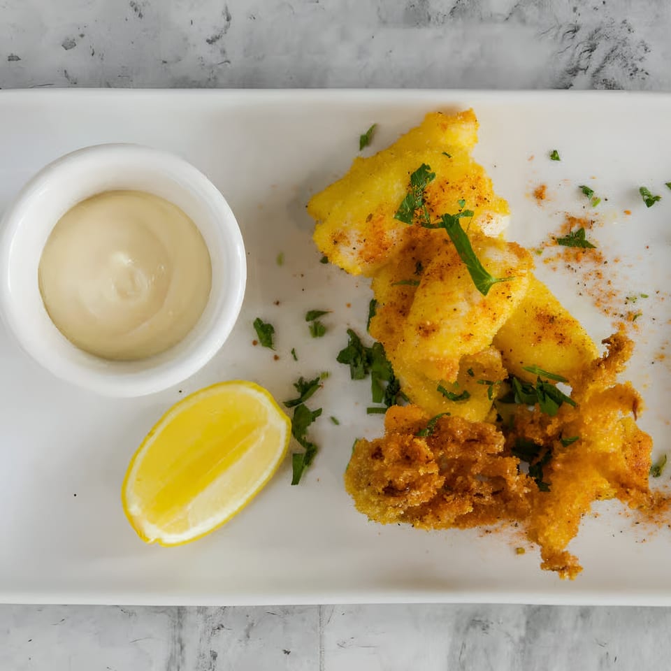Crispy fried calamari with a side of creamy aioli and a lemon wedge on a white plate.
