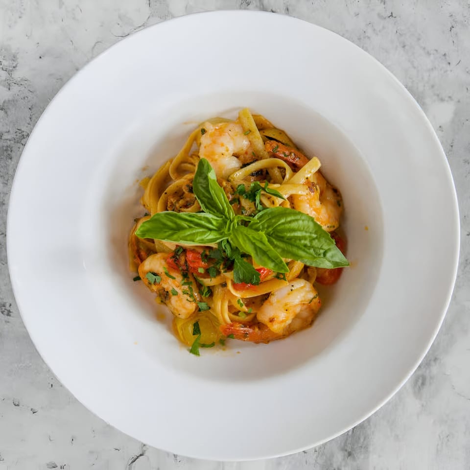Cafe Napolina's shrimp linguine with cherry tomatoes and fresh basil in a white bowl.