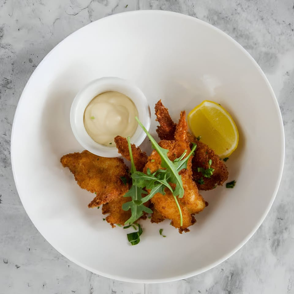 Crispy fried calamari with a side of aioli, fresh arugula, and a lemon wedge on a white plate.